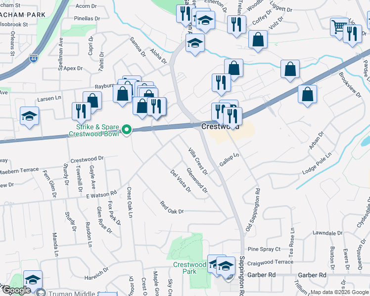 map of restaurants, bars, coffee shops, grocery stores, and more near 8607 Villa Crest Drive in St. Louis