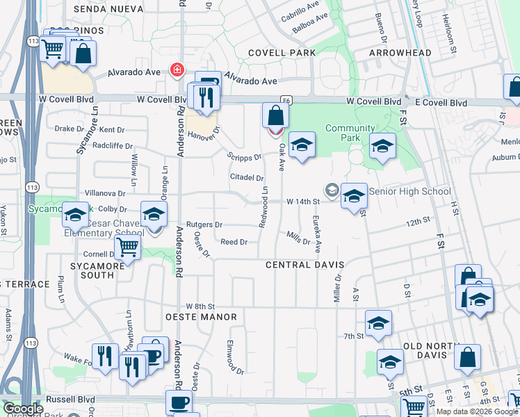 map of restaurants, bars, coffee shops, grocery stores, and more near 503 Villanova Drive in Davis