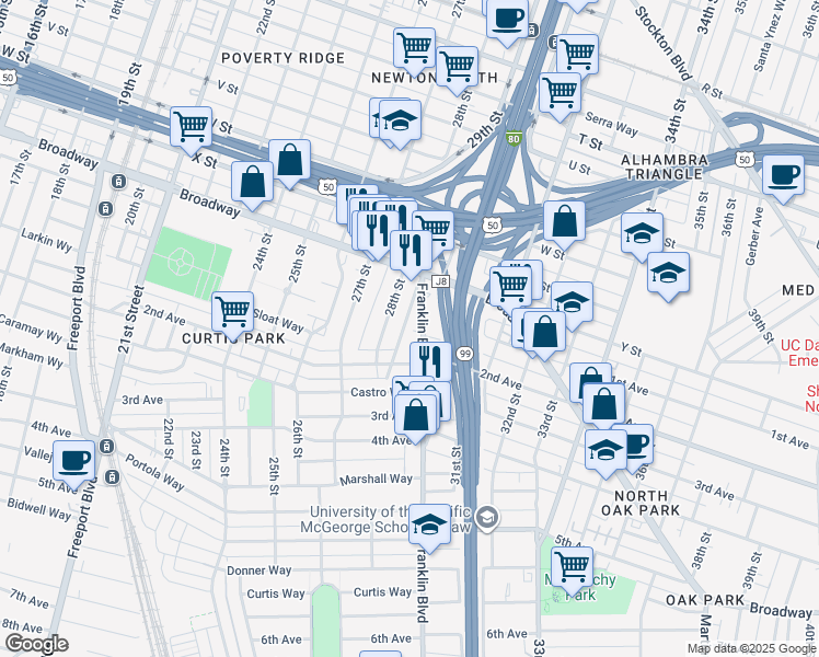 map of restaurants, bars, coffee shops, grocery stores, and more near 2512 Franklin Boulevard in Sacramento