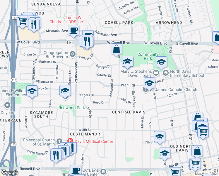 map of restaurants, bars, coffee shops, grocery stores, and more near 504 Villanova Drive in Davis