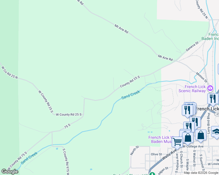 map of restaurants, bars, coffee shops, grocery stores, and more near 9284 County Road 25 South in French Lick