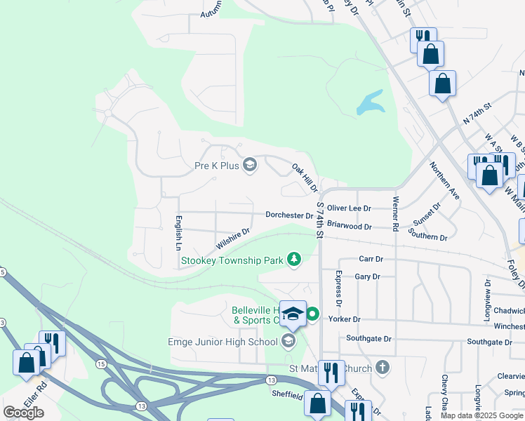 map of restaurants, bars, coffee shops, grocery stores, and more near 41 Dorchester Drive in Belleville
