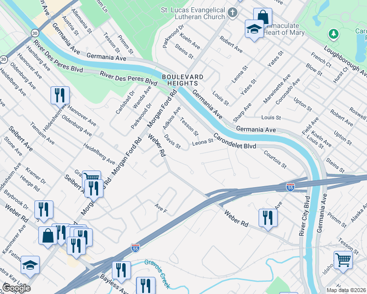 map of restaurants, bars, coffee shops, grocery stores, and more near 4107 Poepping Street in St. Louis