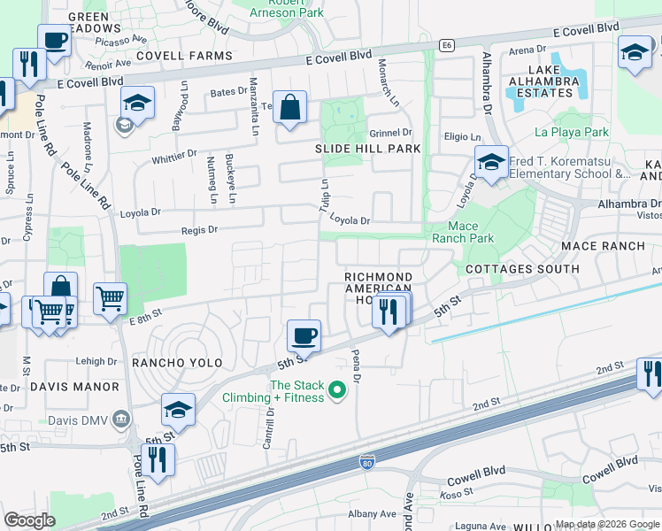 map of restaurants, bars, coffee shops, grocery stores, and more near 2838 Ponteverde Lane in Davis