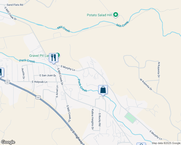 map of restaurants, bars, coffee shops, grocery stores, and more near 1154 Murphy Lane in Moab