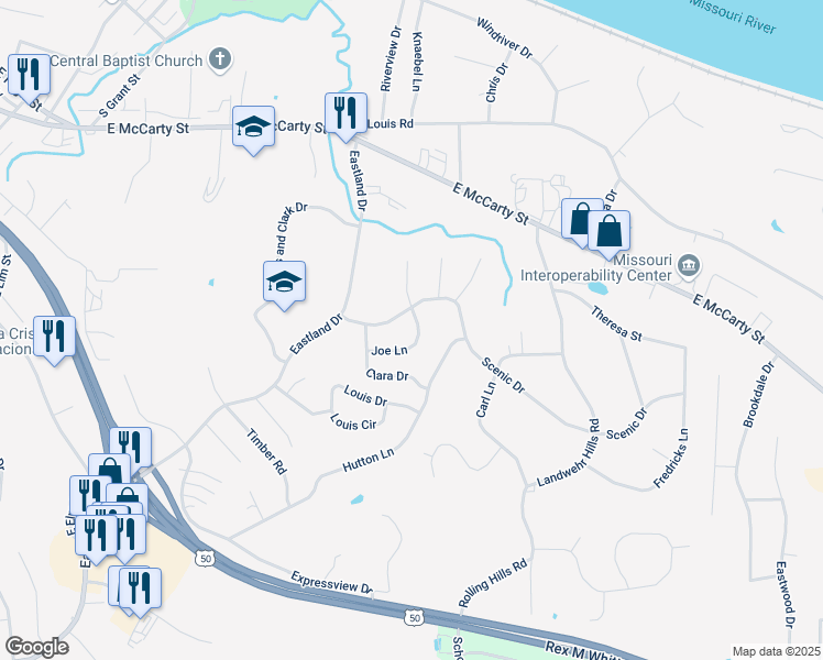map of restaurants, bars, coffee shops, grocery stores, and more near 304 Joe Lane in Jefferson City