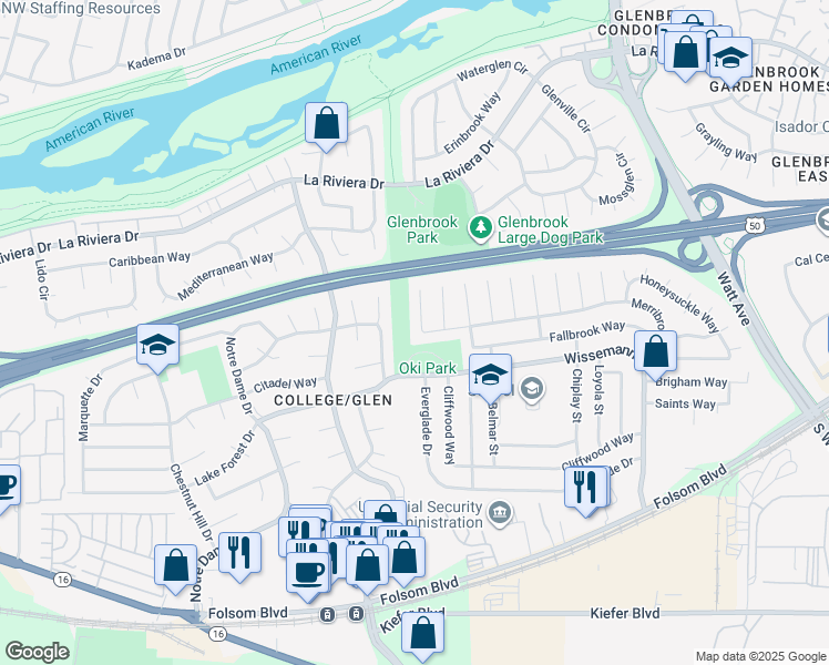 map of restaurants, bars, coffee shops, grocery stores, and more near 2832 Sarina Court in Sacramento