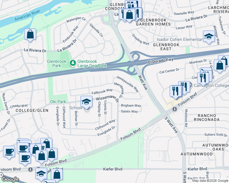 map of restaurants, bars, coffee shops, grocery stores, and more near 8755 Fallbrook Way in Sacramento