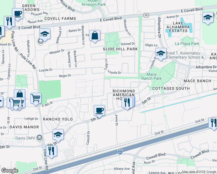 map of restaurants, bars, coffee shops, grocery stores, and more near 2838 Ponteverde Lane in Davis