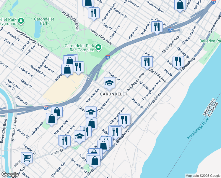 map of restaurants, bars, coffee shops, grocery stores, and more near 6739 Vermont Avenue in St. Louis