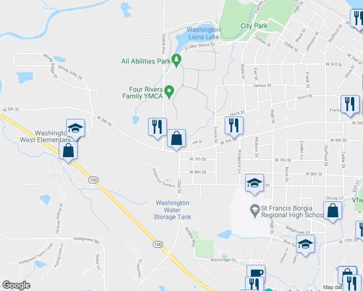 map of restaurants, bars, coffee shops, grocery stores, and more near 1327 West 5th Street in Washington
