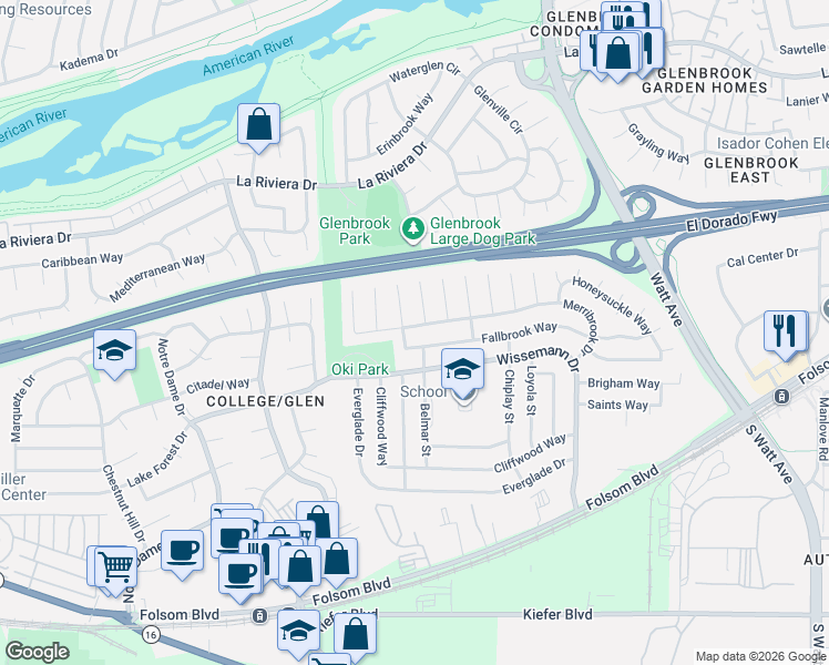map of restaurants, bars, coffee shops, grocery stores, and more near 2840 Conbar Court in Sacramento