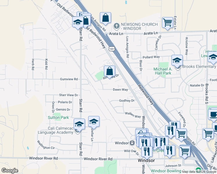 map of restaurants, bars, coffee shops, grocery stores, and more near 421 Cynthia Court in Windsor