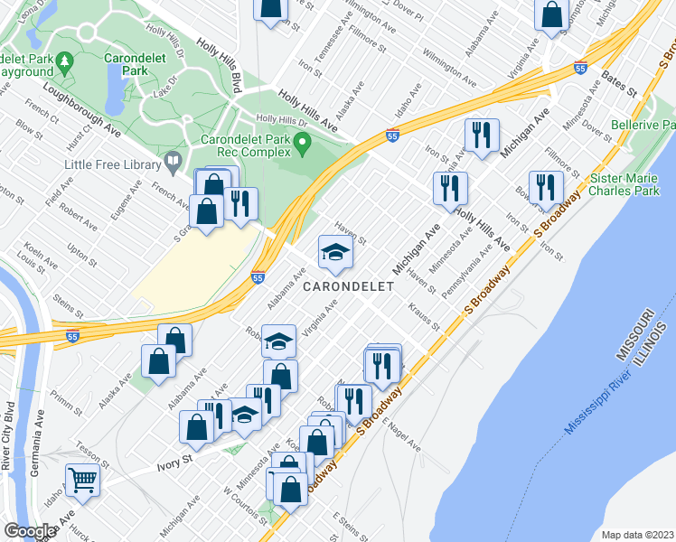 map of restaurants, bars, coffee shops, grocery stores, and more near 6739 Vermont Avenue in St. Louis