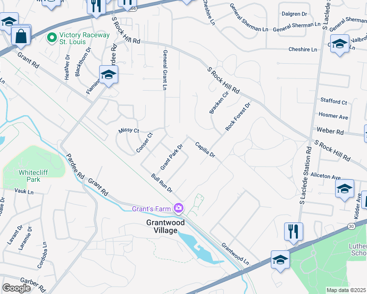 map of restaurants, bars, coffee shops, grocery stores, and more near 7644 Capilia Drive in St. Louis