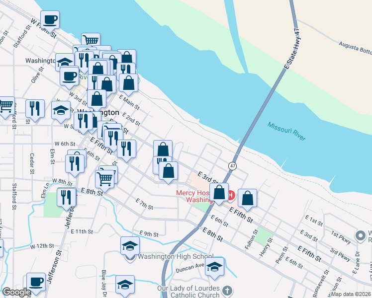 map of restaurants, bars, coffee shops, grocery stores, and more near 601 Riverview Place in Washington