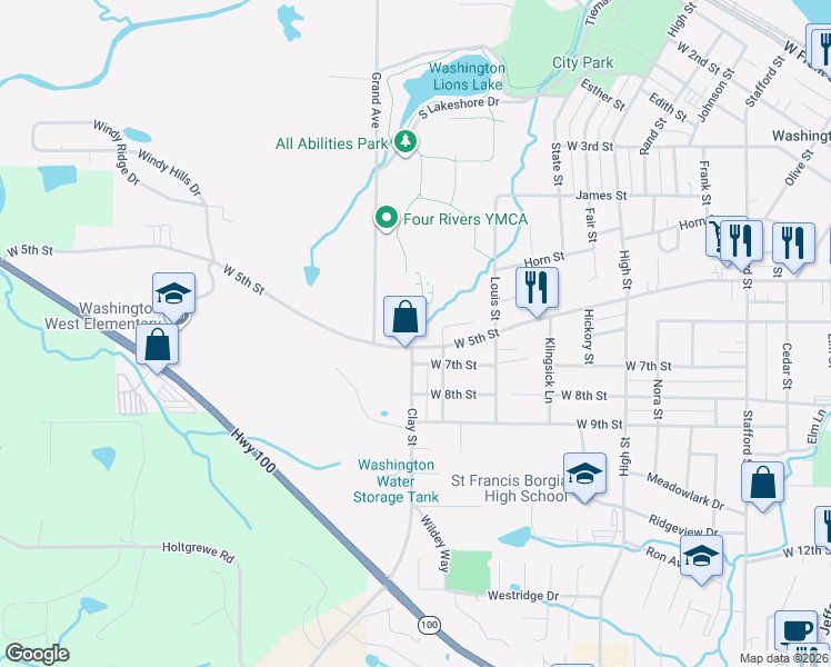 map of restaurants, bars, coffee shops, grocery stores, and more near 1327 West 5th Street in Washington