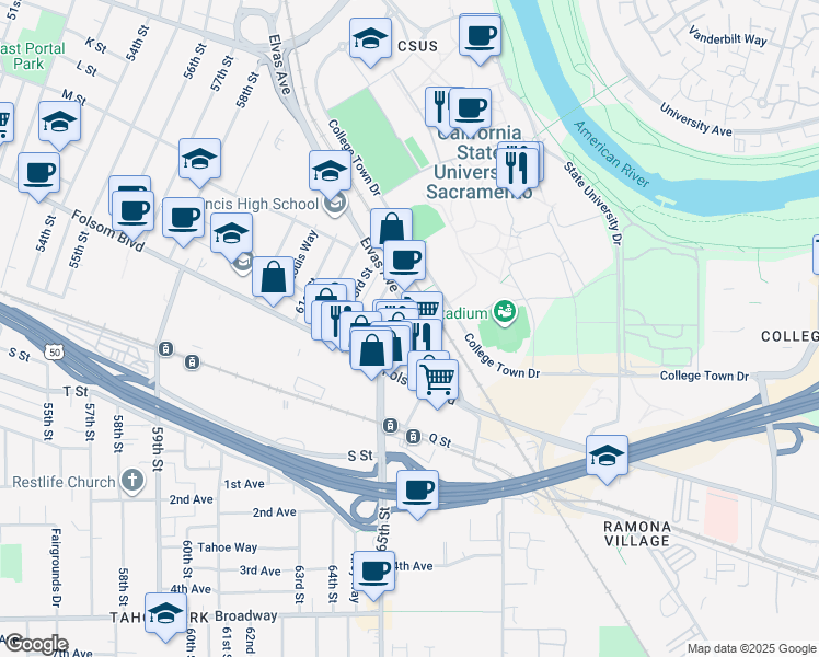 map of restaurants, bars, coffee shops, grocery stores, and more near 6429 Elvas Avenue in Sacramento