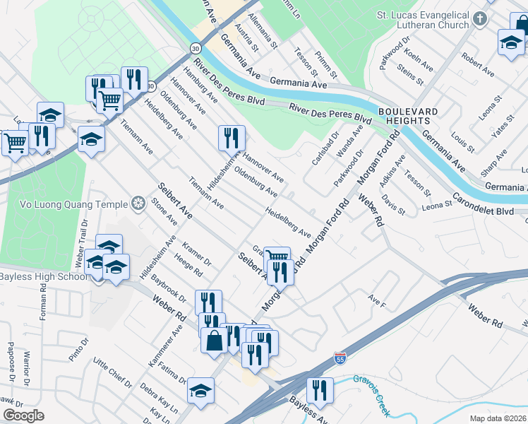 map of restaurants, bars, coffee shops, grocery stores, and more near 4601 Heidelberg Avenue in St. Louis
