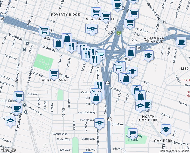 map of restaurants, bars, coffee shops, grocery stores, and more near 2512 Franklin Boulevard in Sacramento