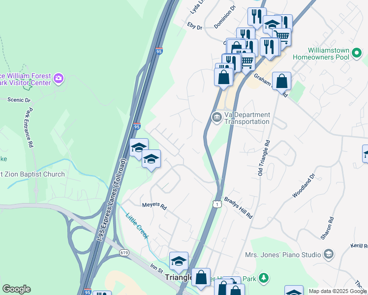 map of restaurants, bars, coffee shops, grocery stores, and more near 4126 Potomac Highlands Circle in Triangle