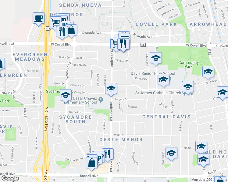 map of restaurants, bars, coffee shops, grocery stores, and more near 1410 Anderson Road in Davis