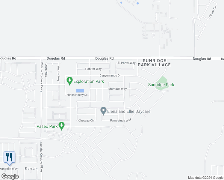 map of restaurants, bars, coffee shops, grocery stores, and more near 12314 Montauk Way in Rancho Cordova