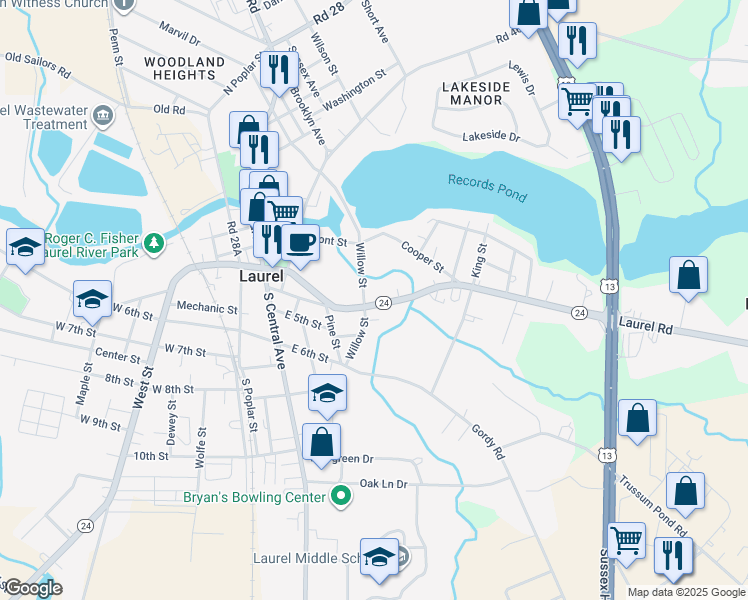 map of restaurants, bars, coffee shops, grocery stores, and more near 505 Delaware 24 in Laurel