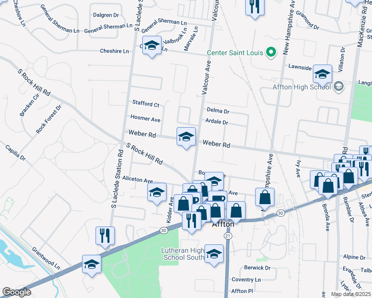map of restaurants, bars, coffee shops, grocery stores, and more near 6930 Weber Road in Affton