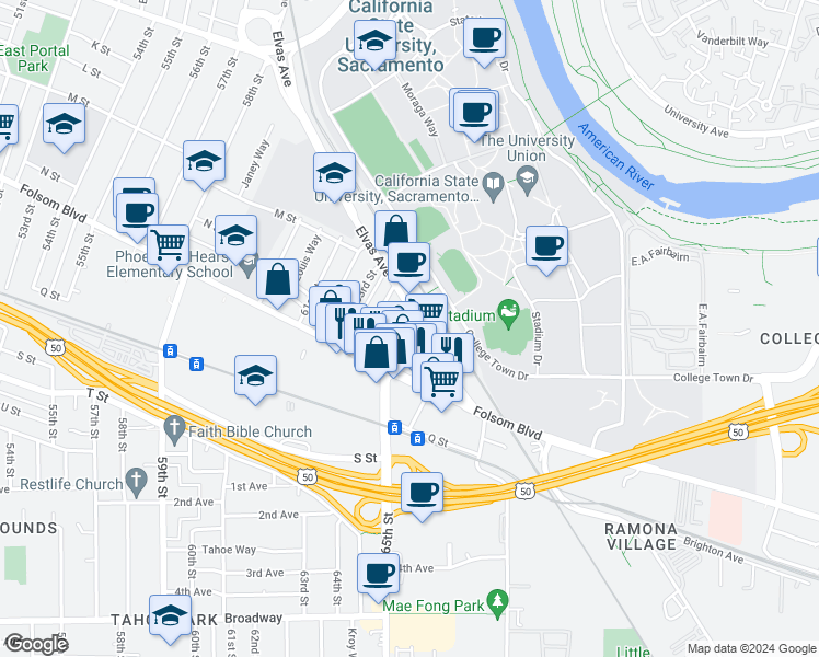 map of restaurants, bars, coffee shops, grocery stores, and more near 6429 Elvas Avenue in Sacramento