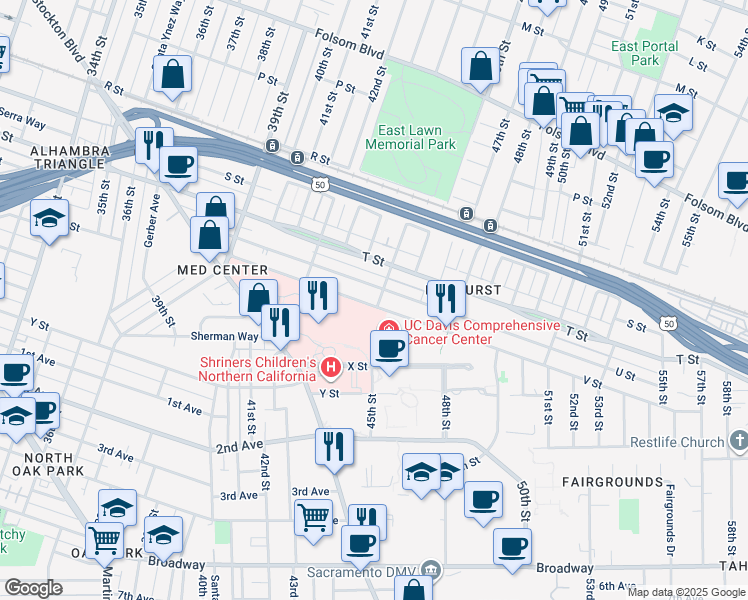 map of restaurants, bars, coffee shops, grocery stores, and more near 4416 U Street in Sacramento