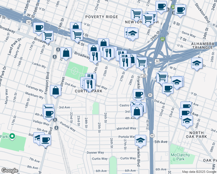 map of restaurants, bars, coffee shops, grocery stores, and more near 2549 Sloat Way in Sacramento
