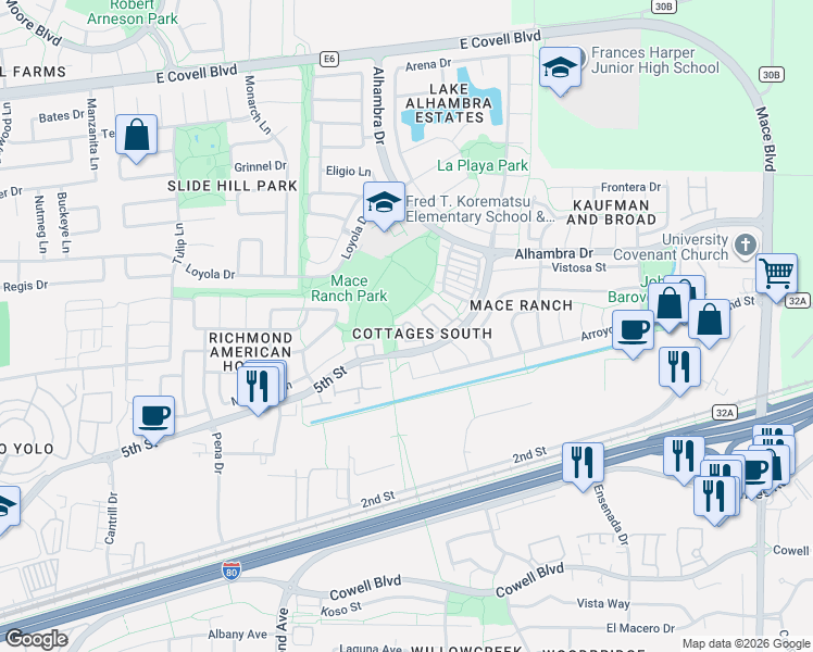 map of restaurants, bars, coffee shops, grocery stores, and more near 1043 Trinita Terrace in Davis
