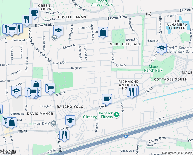 map of restaurants, bars, coffee shops, grocery stores, and more near 2599 East 8th Street in Davis