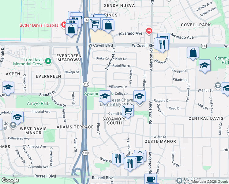map of restaurants, bars, coffee shops, grocery stores, and more near 1203 Colby Drive in Davis