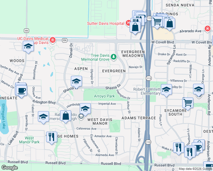 map of restaurants, bars, coffee shops, grocery stores, and more near 1819 Tahoe Place in Davis
