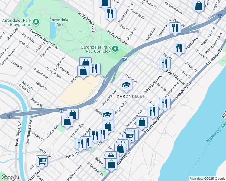 map of restaurants, bars, coffee shops, grocery stores, and more near 700 Loughborough Avenue in St. Louis