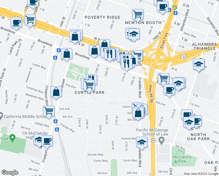 map of restaurants, bars, coffee shops, grocery stores, and more near 2551 Sloat Way in Sacramento