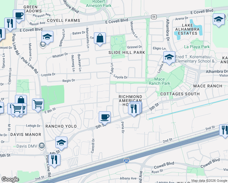 map of restaurants, bars, coffee shops, grocery stores, and more near 1108 Tulip Lane in Davis