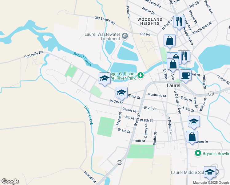 map of restaurants, bars, coffee shops, grocery stores, and more near 415 West 6th Street in Laurel