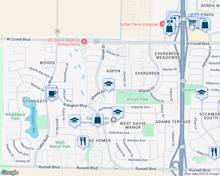 map of restaurants, bars, coffee shops, grocery stores, and more near 2201 Shasta Drive in Davis