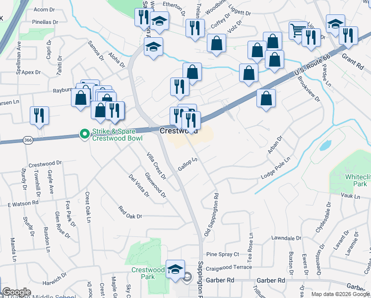 map of restaurants, bars, coffee shops, grocery stores, and more near 8531 Old Sappington Road in St. Louis
