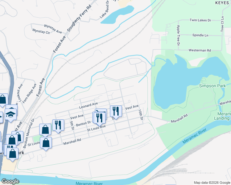map of restaurants, bars, coffee shops, grocery stores, and more near 601 8th Street in Valley Park