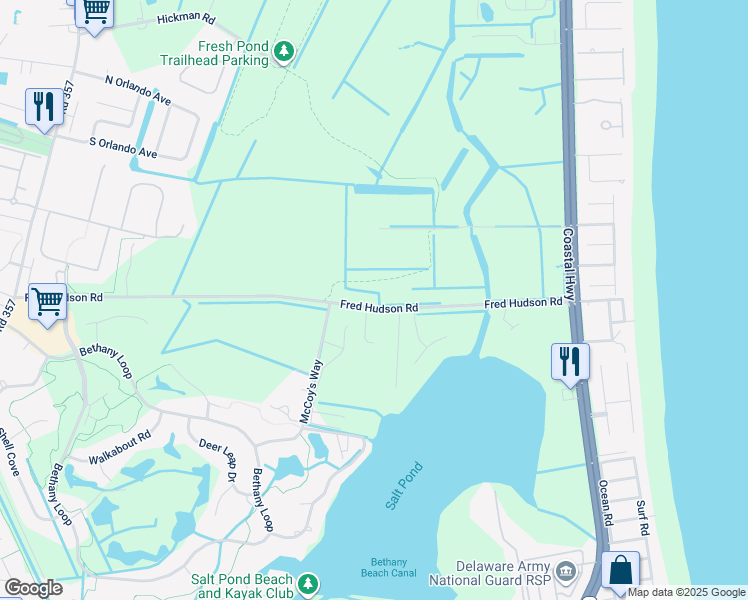 map of restaurants, bars, coffee shops, grocery stores, and more near 38697 Fred Hudson Road in Bethany Beach