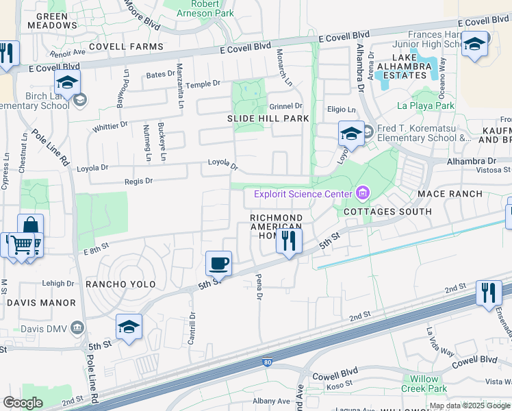 map of restaurants, bars, coffee shops, grocery stores, and more near 1101 Salamanca Court in Davis