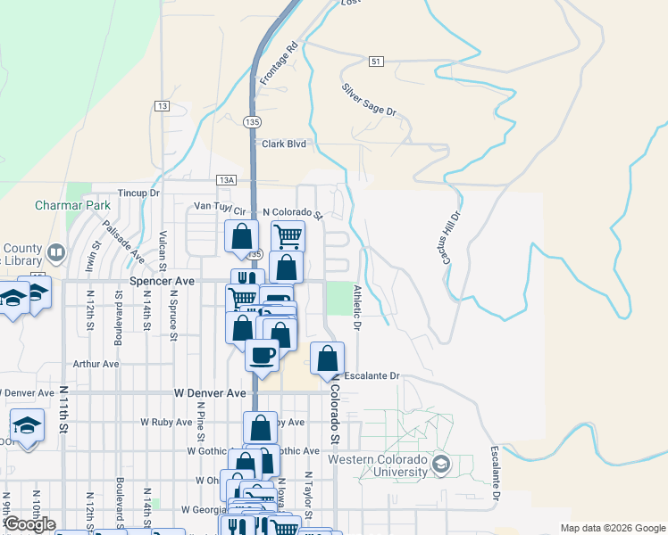 map of restaurants, bars, coffee shops, grocery stores, and more near 1140 North Colorado Street in Gunnison