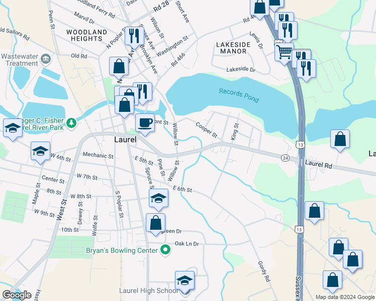 map of restaurants, bars, coffee shops, grocery stores, and more near 509 Delaware 24 in Laurel