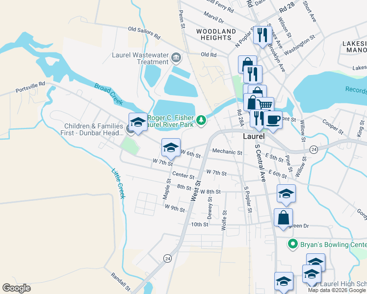 map of restaurants, bars, coffee shops, grocery stores, and more near 311 Townsend Street in Laurel
