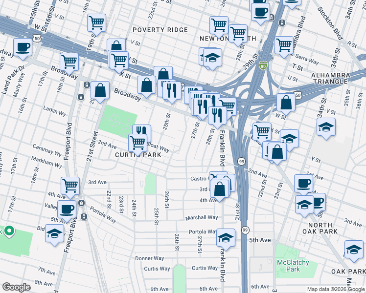map of restaurants, bars, coffee shops, grocery stores, and more near 2600 27th Street in Sacramento
