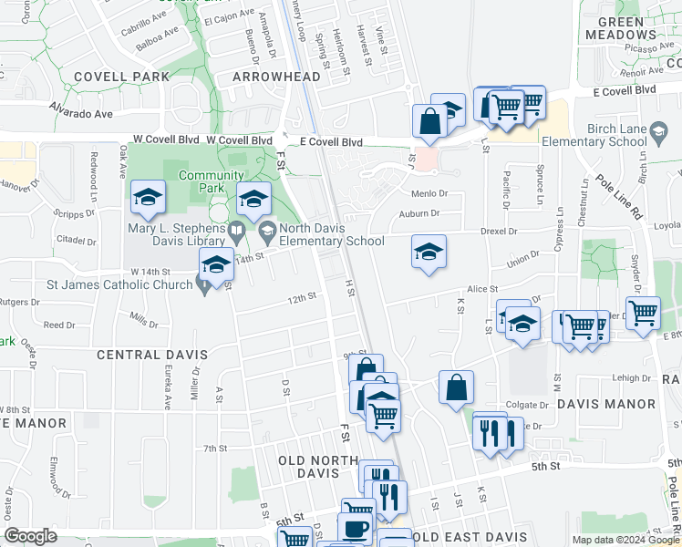 map of restaurants, bars, coffee shops, grocery stores, and more near 1183 H Street in Davis